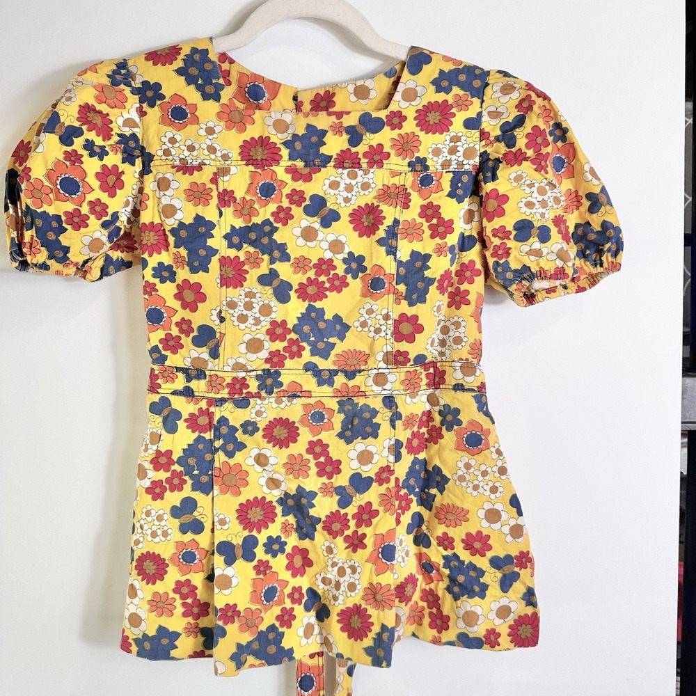 Vintage Handmade Girls Floral Hippie Mod‎ Top Yellow Puff Sleeve Size 8-10 1970s